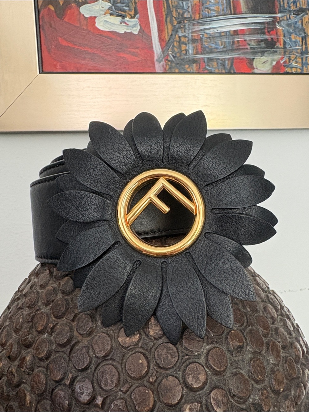 Fendi Black Leather Floral Belt with Gold Logo